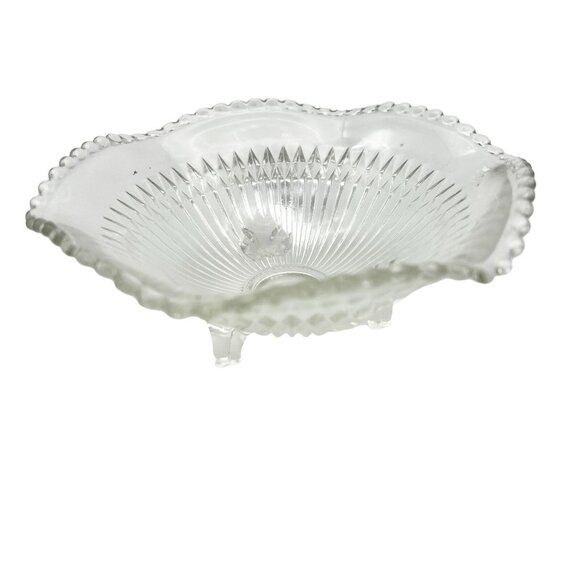 Vintage Clear Glass Footed Candy Dish With Scalloped Edge & Floral Design - Picture 1 of 6